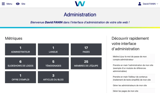 Page d'accueil de l'interface d'administration